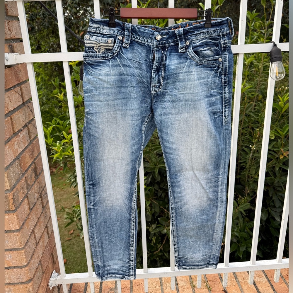 Rock Revival Jeans 32 Easy Ankle Skinny Distressed Stretch Denim Thick Stitch